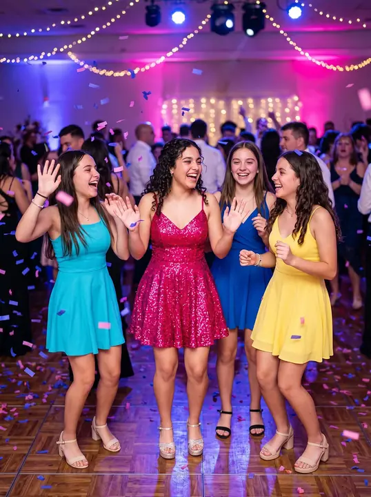 Amigas festejando en la pista entre papel picado