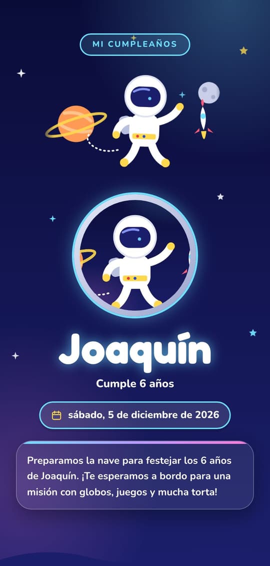 Invitación digital Astronautas: portada del diseño